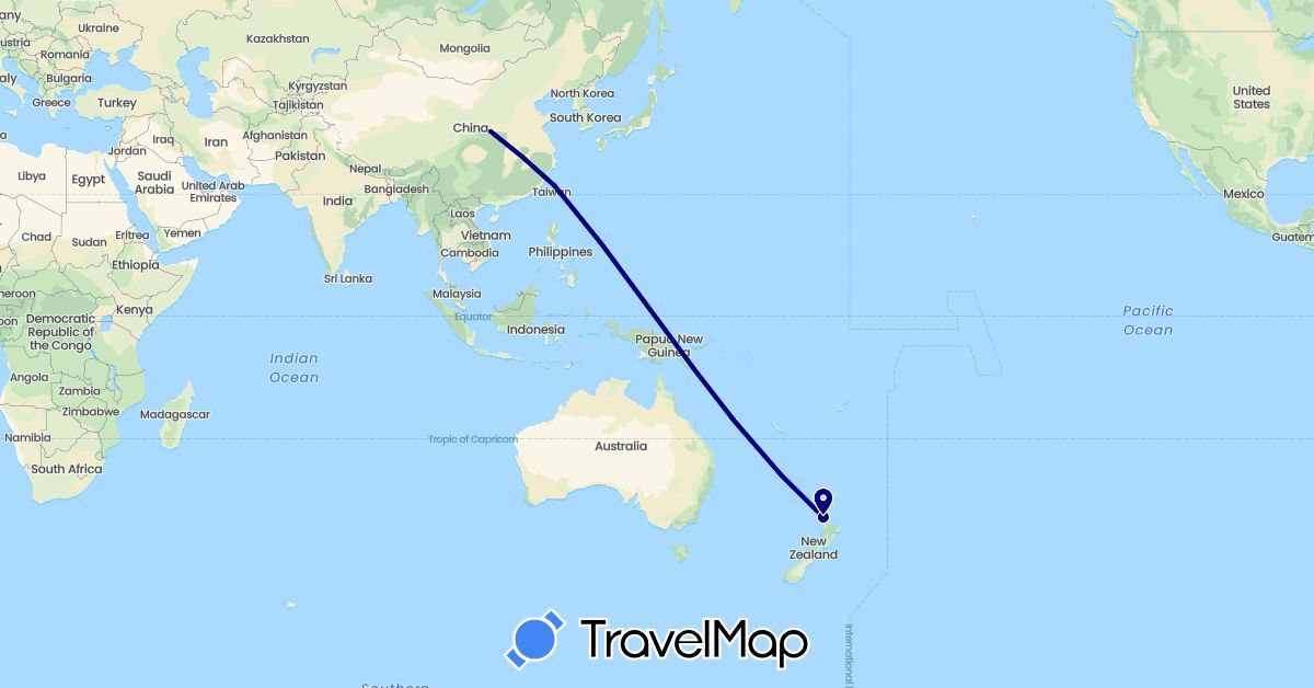 TravelMap itinerary: driving in China, New Zealand, Taiwan (Asia, Oceania)